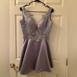 Gray Purple Beaded V-Neck Homecoming Dress